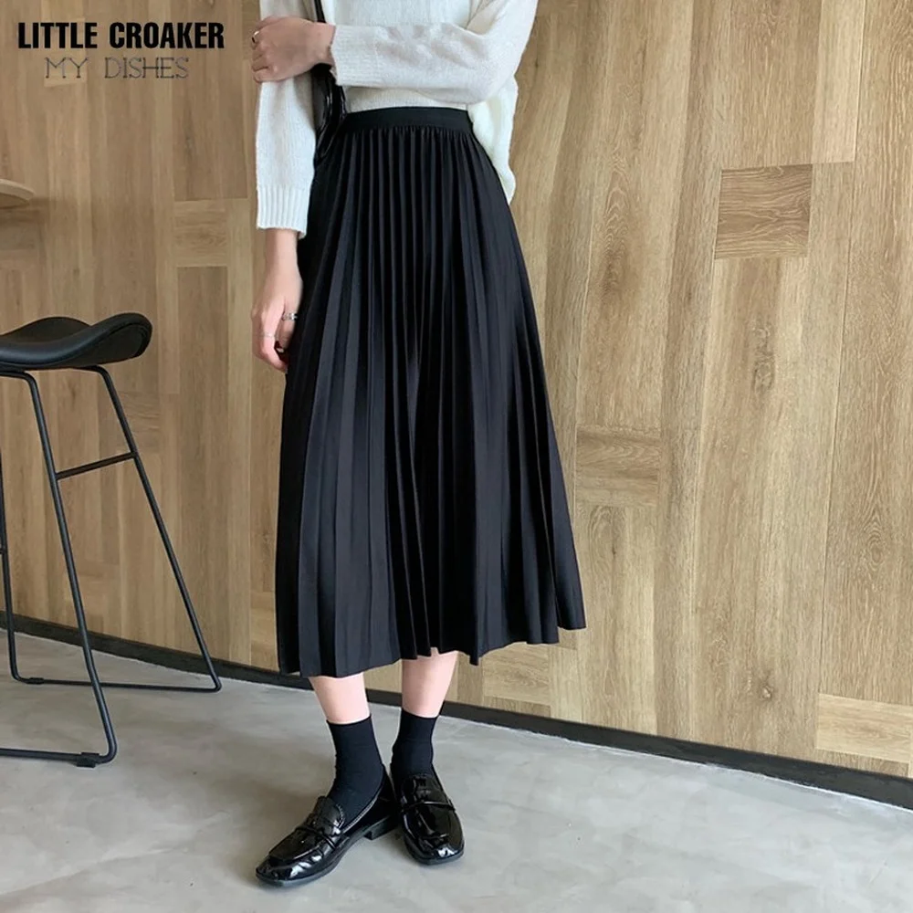 

Pleated Long Skirt 2022 Spring Summer High Waist A Line Black Midi Skirts Women Korean Fashion Elegant Ladies Skirt Red Coffee