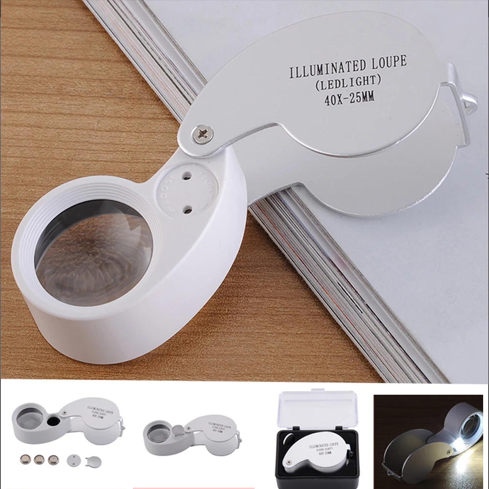 

LED Folding Jewelry Magnifying Glass Aluminum Alloy Plastic Acrylic Optical Lens MG21011 Silver With Battery