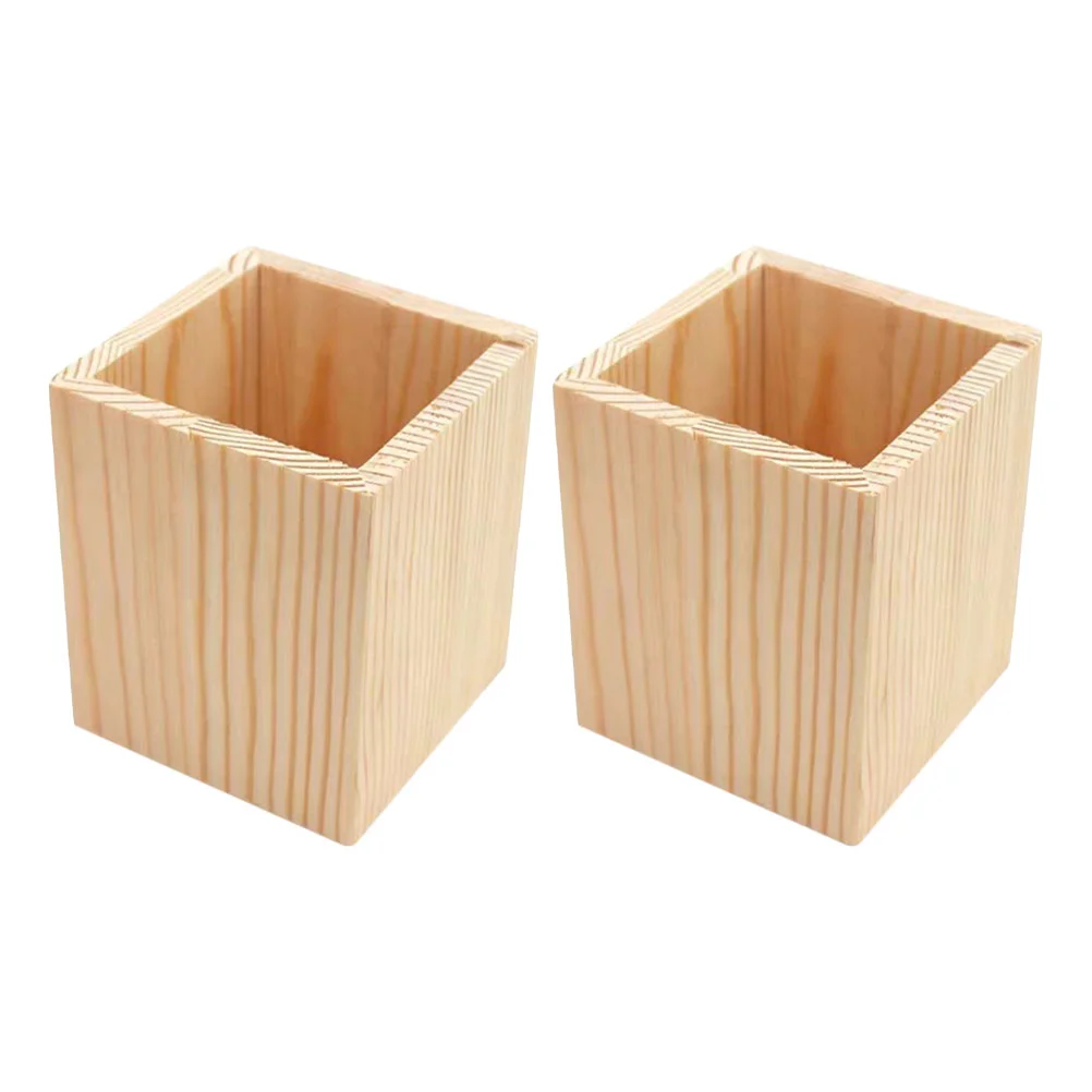 

2 Pcs Pine Pen Holder Makeup Pot Storage Cactus Wood Succulent Stationery Organizers Gel Container Child