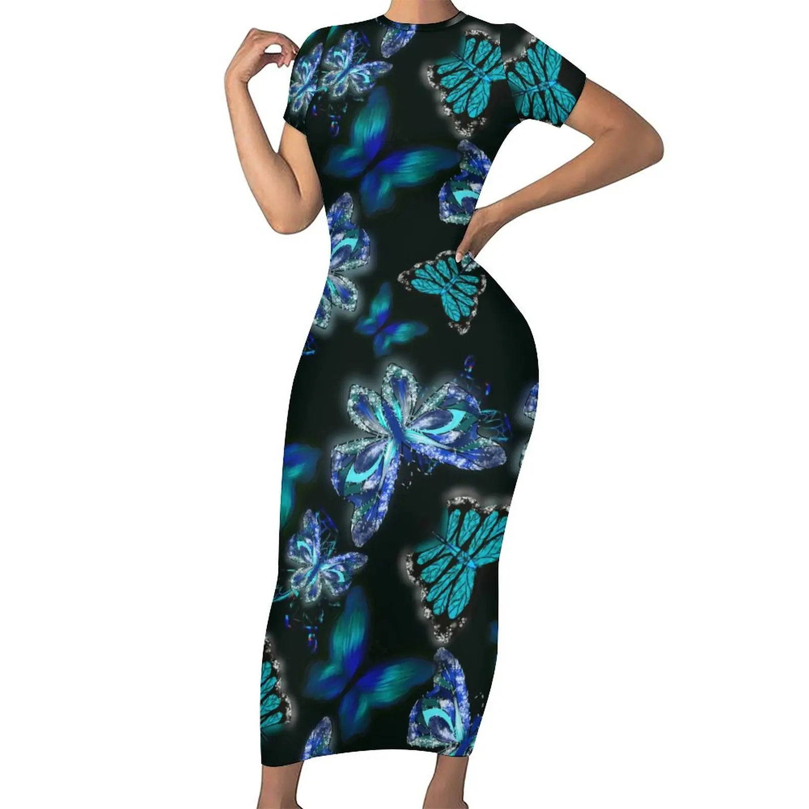 

Sparkly Blue Butterfly Dress Butterflies Print Art Insect Street Style Maxi Dresses Sexy Bodycon Dress Ladies Custom Clothing