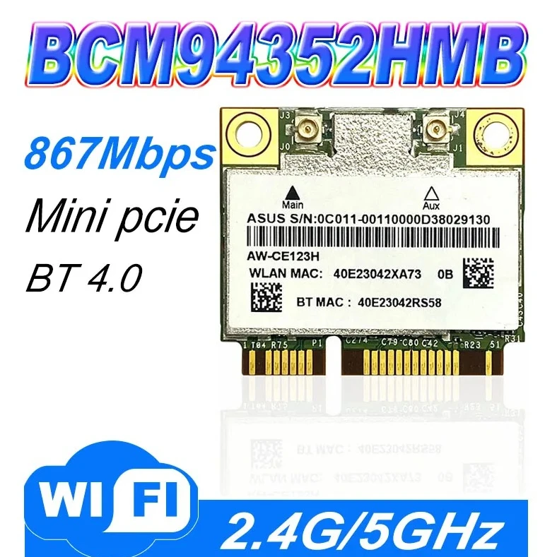 Фото Беспроводная сетевая карта KK 2026 Bcm94352Hmb Half Mini PCIe, 802.11ac, 867 Мбит/с, двухдиапазонная (2,4 ГГц и 5 ГГц), Wi-Fi, Bluetooth 4.0 №1