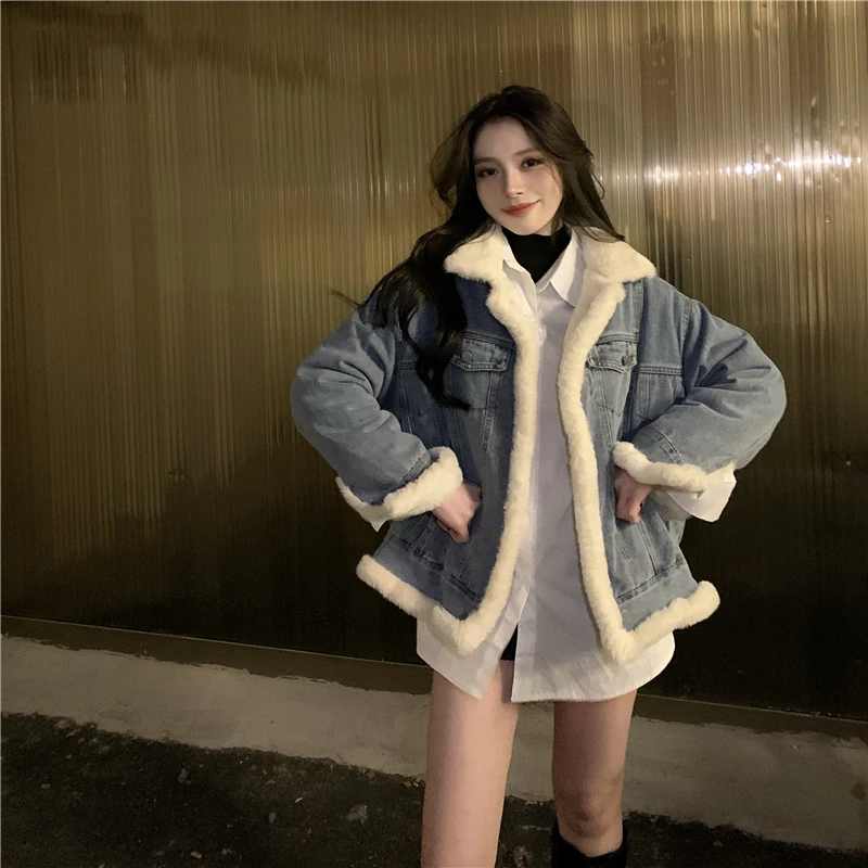 Джинсовое пальто из овечьей шерсти женское короткое Зимняя Толстая теплая