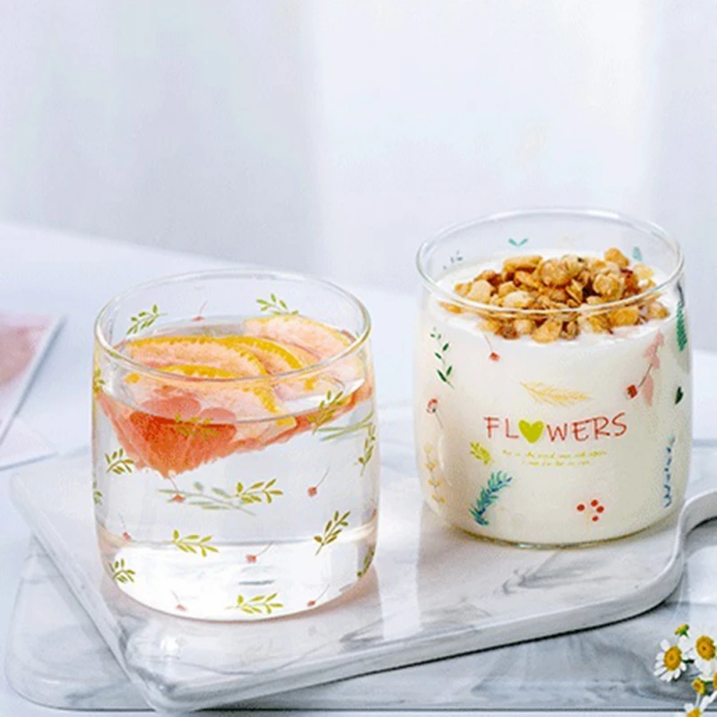 

Flower Glass Coffee Cup Clear Jar Drinking Cups Milk Yogurt Cups Home Office Drinking Glasses Heat-resistant Mug