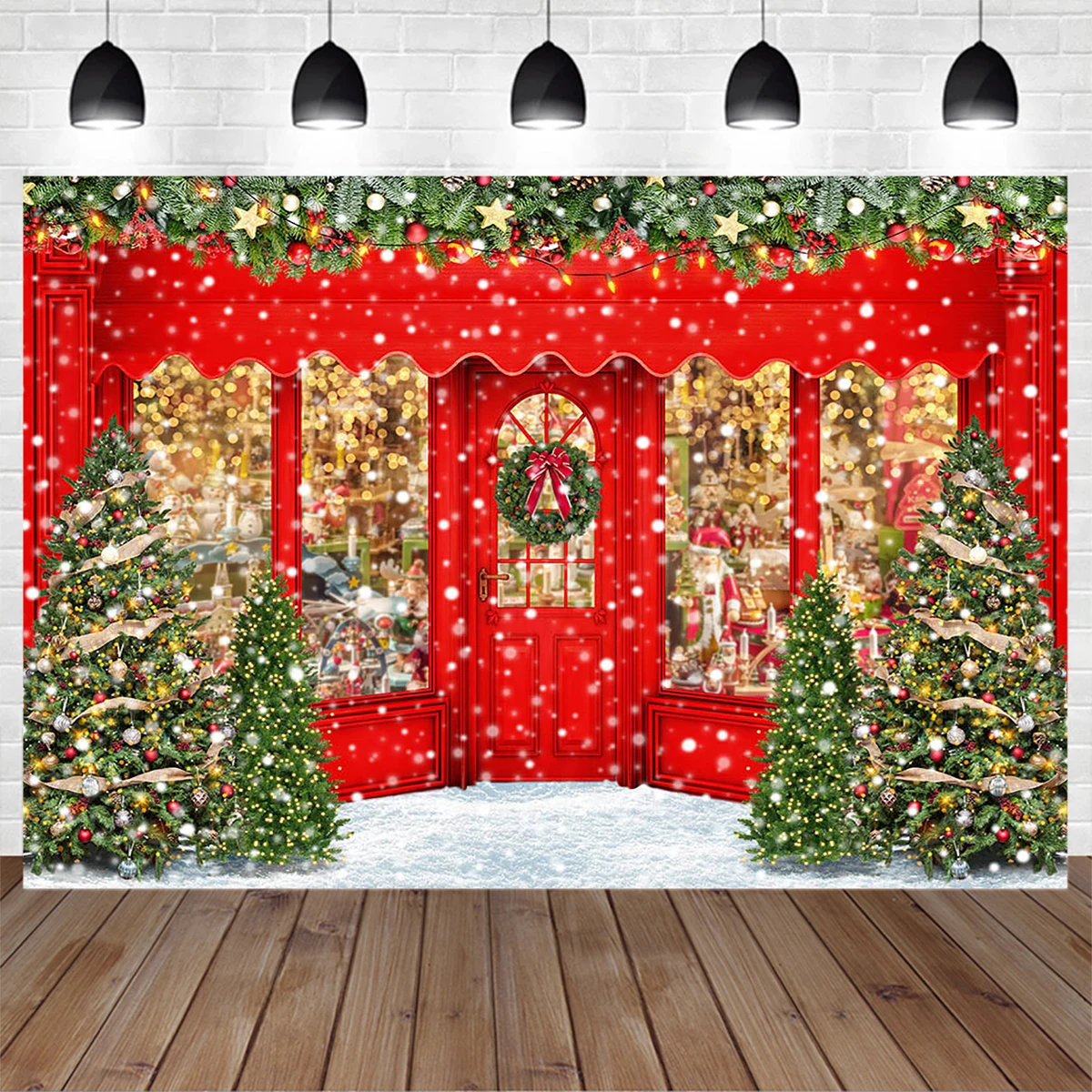 

Mocsicka Christmas Gift Shop Store Photographic Backdrop Red Door Snowflake Gitter Background Banner Xmas Tree Photo Studio Prop