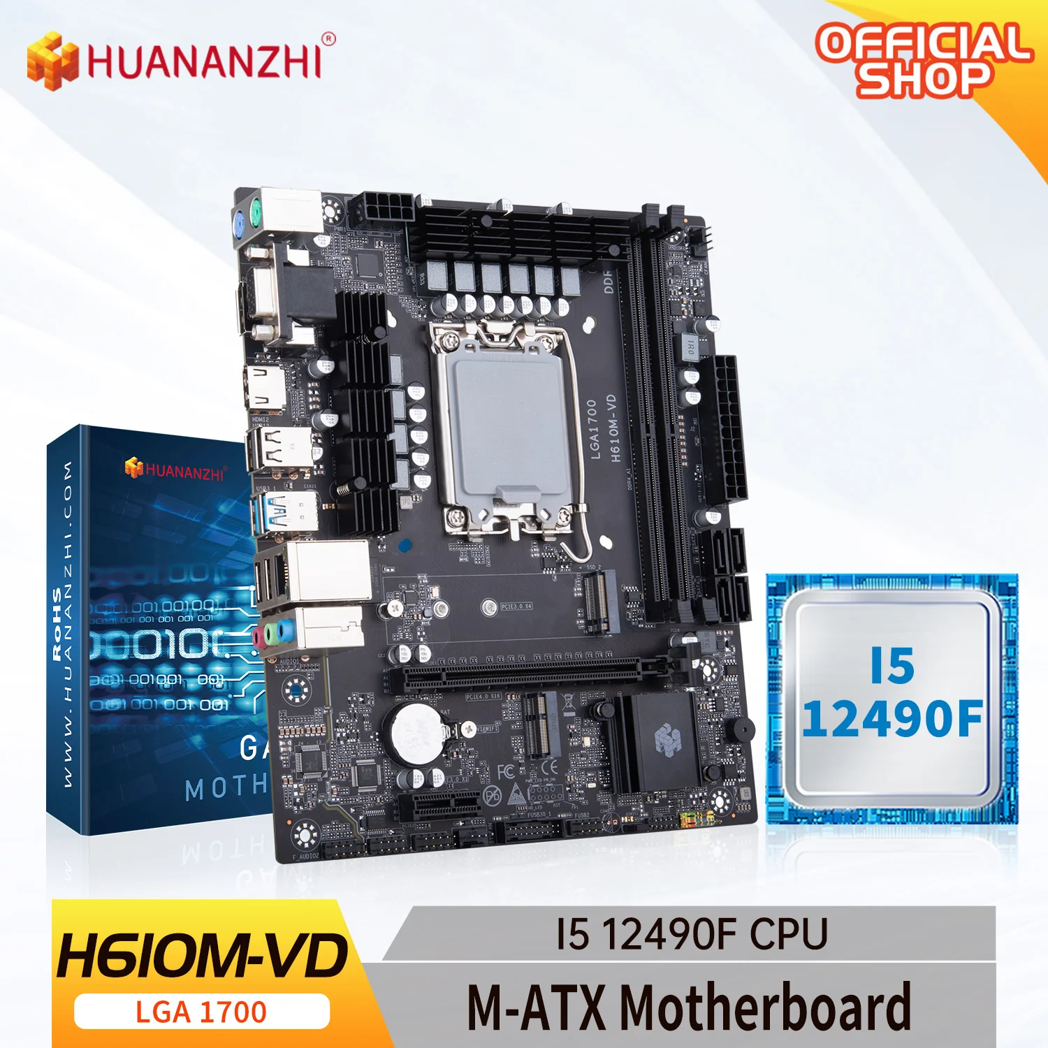 

HUANANZHI H610M VD Motherboard M-ATX with Intel Core i5 12490F LGA 1700 Supports DDR4 2400 2666 2933 3200MHz 64G M.2 NVME SAT