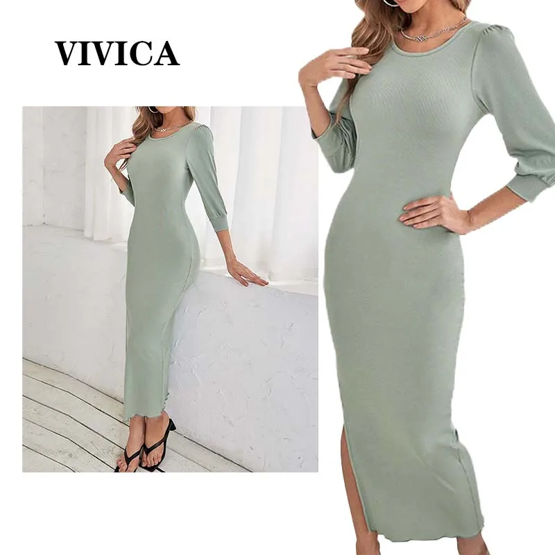 

Round Neck Women's Threaded Solid Color Skirt Knitted Bag Hip Slit Royal Sister Fan Dress Female Long Dress