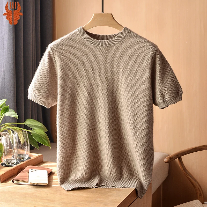 

100% Pure Cashmere T-shirt Men's Round neck Knitting Pullover 2022 Autumn and Winter New Style Short Sleeve Vest