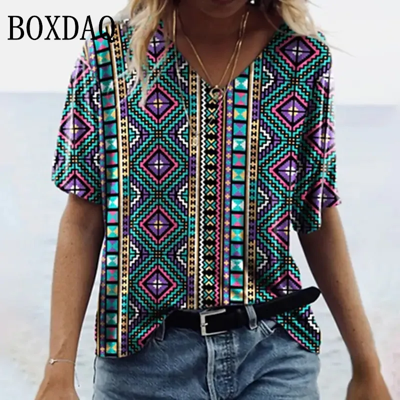 

Женский топ с геометрическим принтом, футболка с коротким рукавом и V-образным вырезом, повседневный пуловер, модные топы, женские футболки, ...