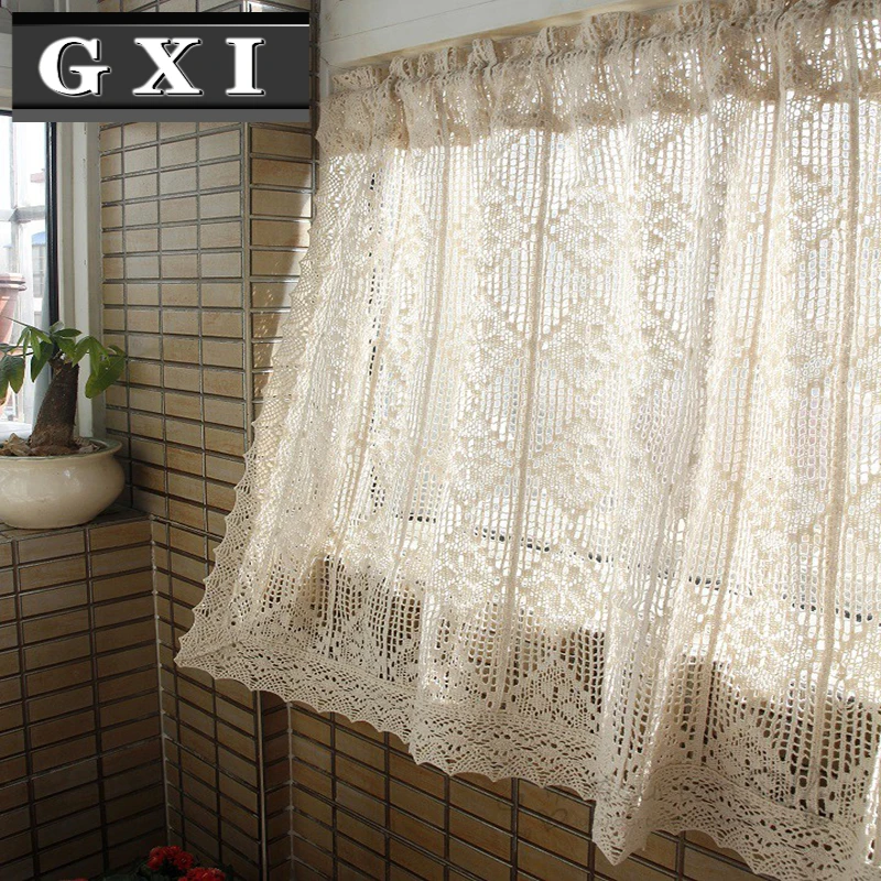 

GXI American Country Linen Crochet Kitchen Half Curtain Retro Small Hollowed Out Short Drapes for Bay Window DL056-3