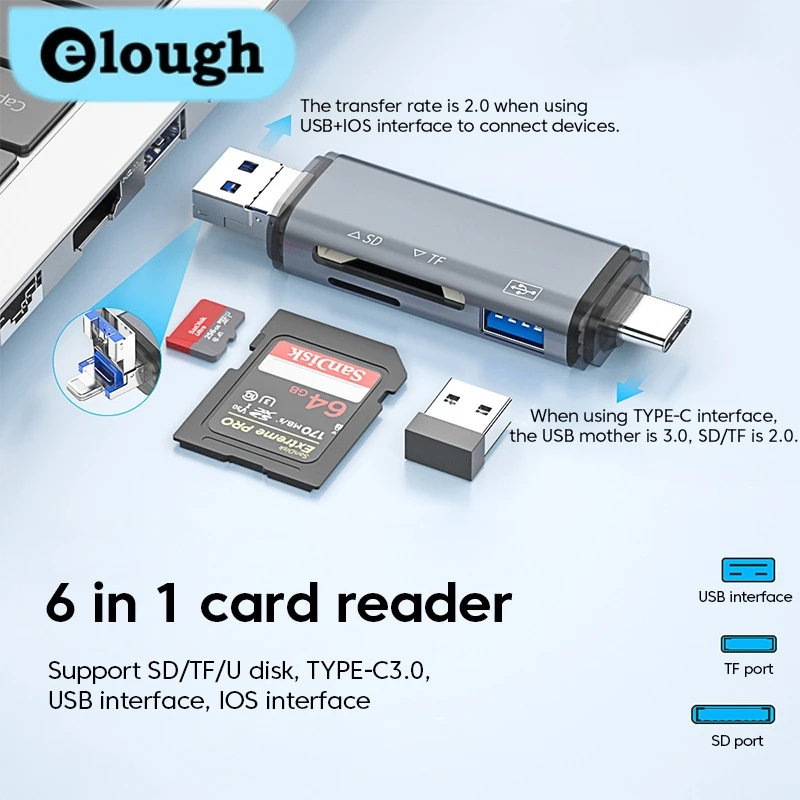 

Elough 6 in 1 USB3.0 Card Reader Type C/IOS/Micro USB Universal OTG Multifunctional Adapter SD TF High-speed Transmission