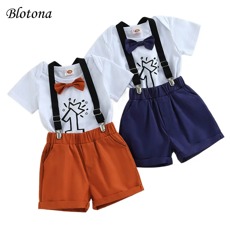 

Blotona Baby Boys First Birthday Set, Number Print Romper with Solid Color Overall Shorts Summer Gentleman Outfit 0-24Months