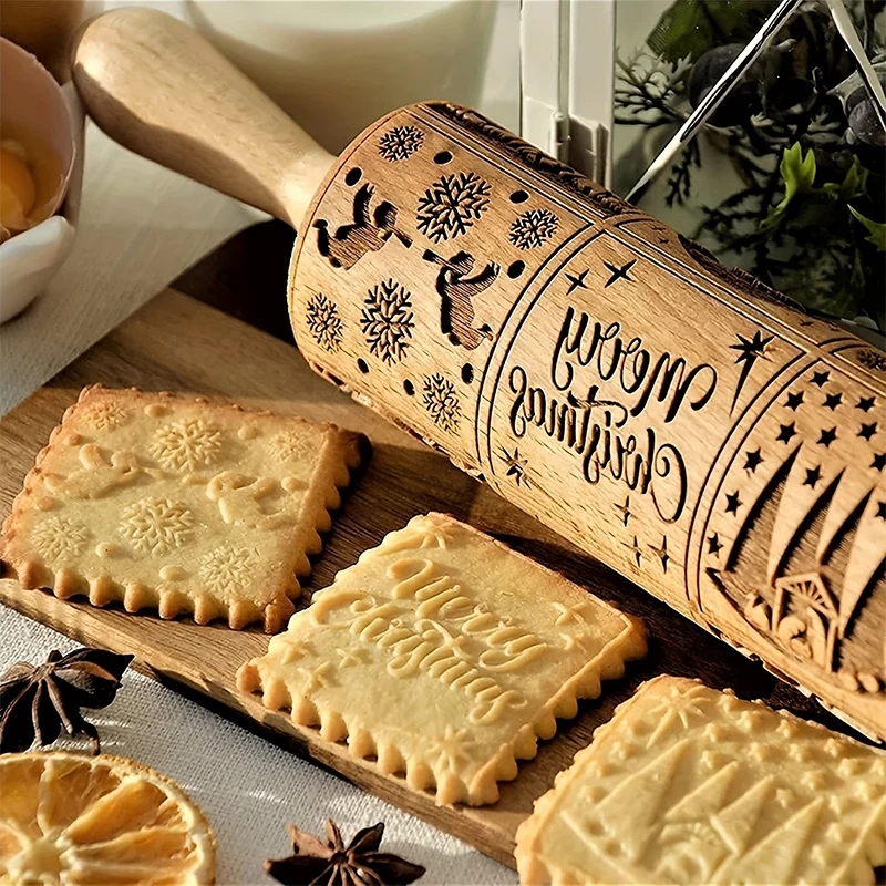 

35x4.5CM Merry Christmas Engraved Exquisite Pattern Embossed Cookies Rolling Pin Wooden Baking Tools 3D Mold Kitchen Supplies