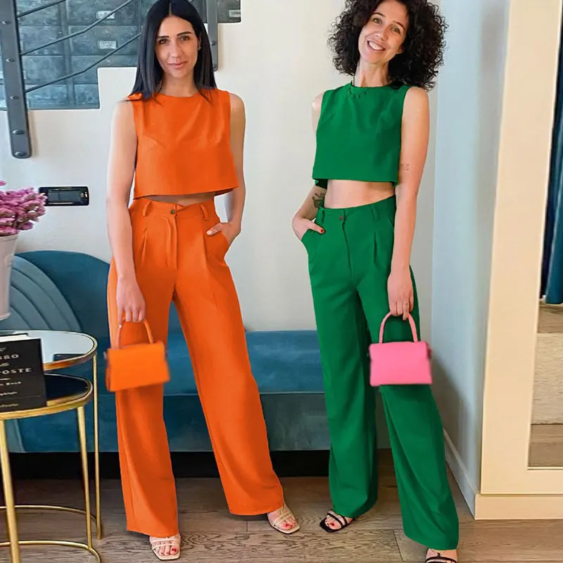 

Streetwear Green Cotton Linen O-Neck Tank Sleeveless Crop Top Fashion Y2k Blue 2 Pieces Sets Elastic Waist Wide Leg Pantsuits