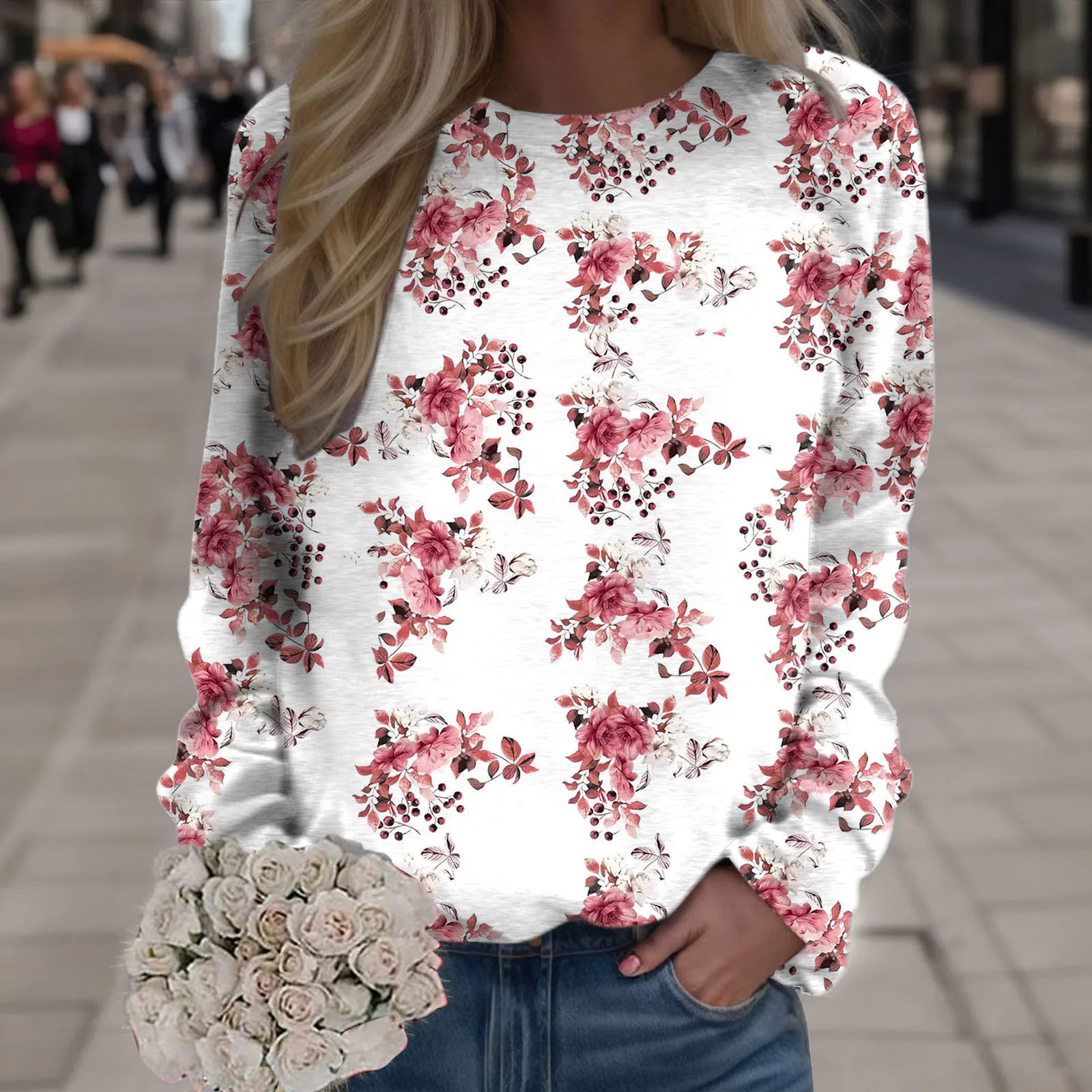 

Женский свитшот с длинным рукавом, художественный цветочный принт, джемпер в абстрактном стиле, весна-осень 2023