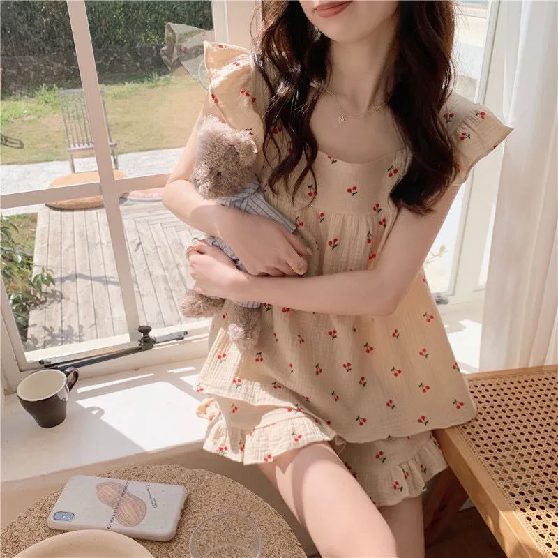 CAIYIER Sweet Cherry Bear Women Pajamas Set Summer Korean Female Sleepwear Short Sleeve Shorts Sleepwear Kawaii Nightwear 2pcs