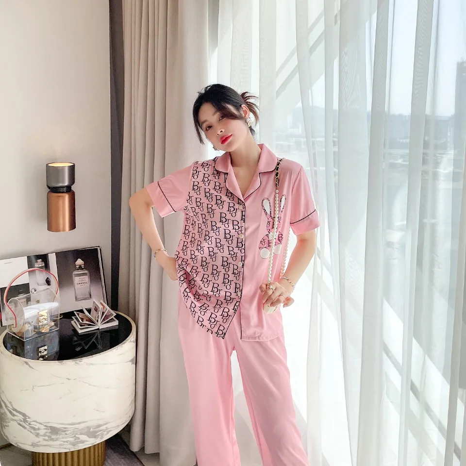 [Women's pajamas] [high-quality]2023 New Ice Silk Pajamas Women's Korean Short Sleeve Long Pants Set Cardigan Ice Silk Home Fur