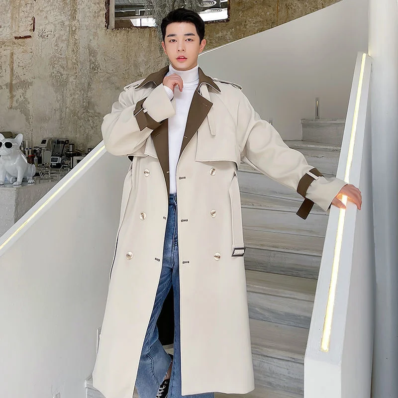 Qualtiy High Menswear Fashion Color Block Spliced Long Trench Coat New Loose Lapel Double Breasted Windbreaker With Belt