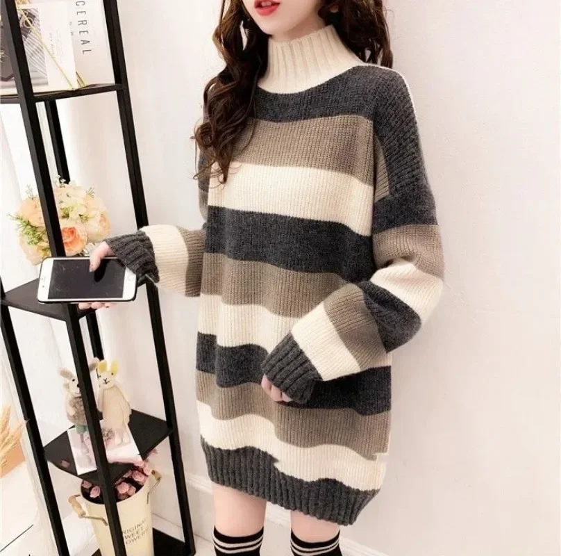 Винтажный корейский модный полосатый вязаный свитер с v-образным вырезом и