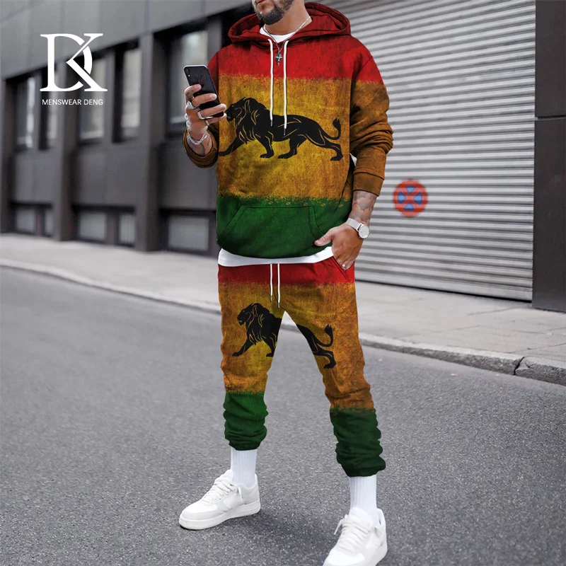 

2022 Fleece Streetwear Men Sets Tracksuits New Animal 3d Printed Hoodies + Sweatpants Two Piece Suit Hooded Casual Male Clothes