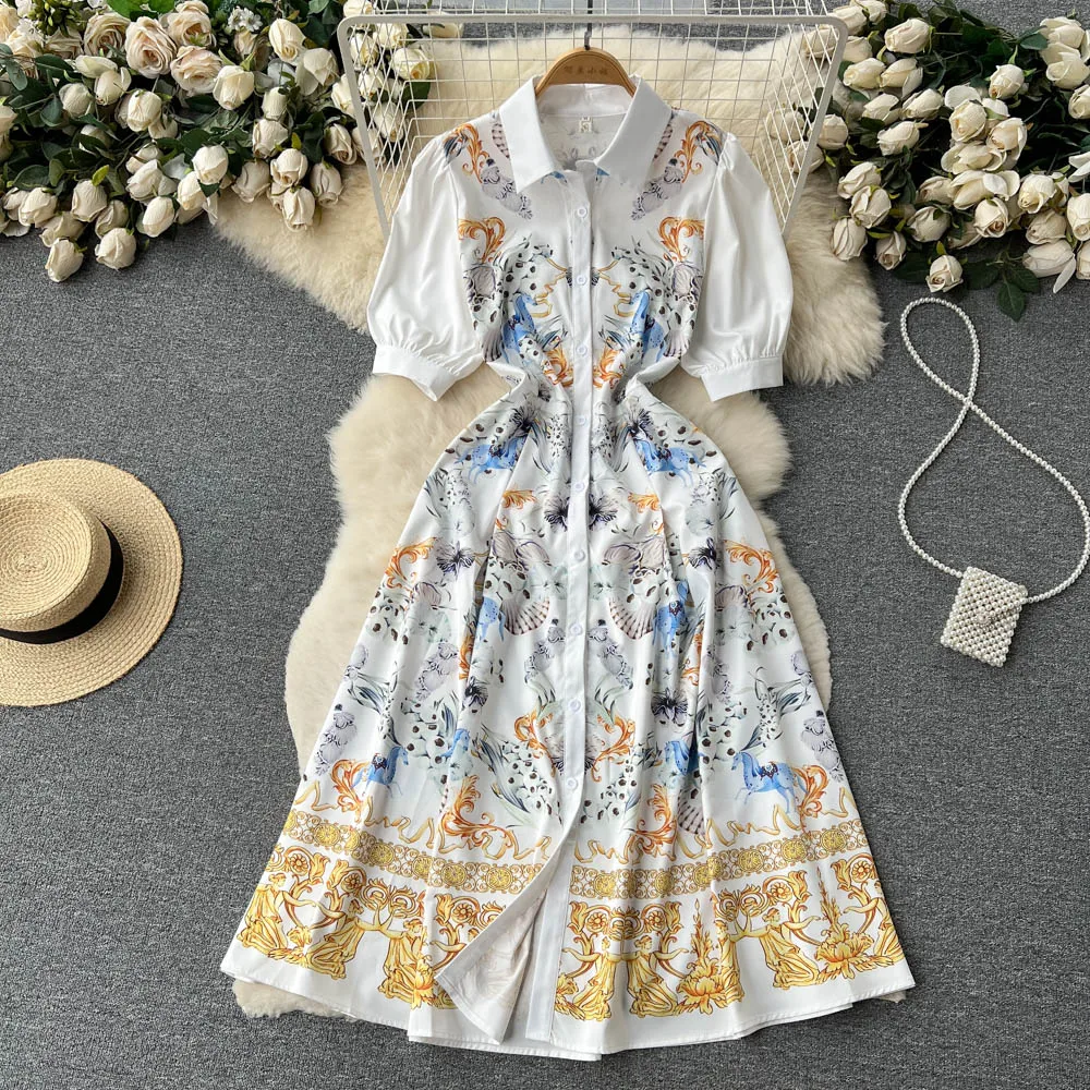 Runway Summer Women Designer High Quality Office Casual Party Celebrity Elegant Chic Vintage Button Print Shirt Midi Dress A1247