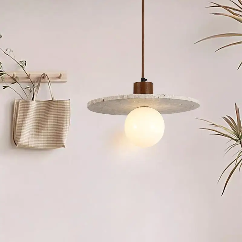 Фото Подвесные светодиодные светильники IWHD Wabi Sabi из стекла и желтого травертина для спальни и гостиной, декор для дома, интерьерная подвесная лампа, освещение, лампа №4