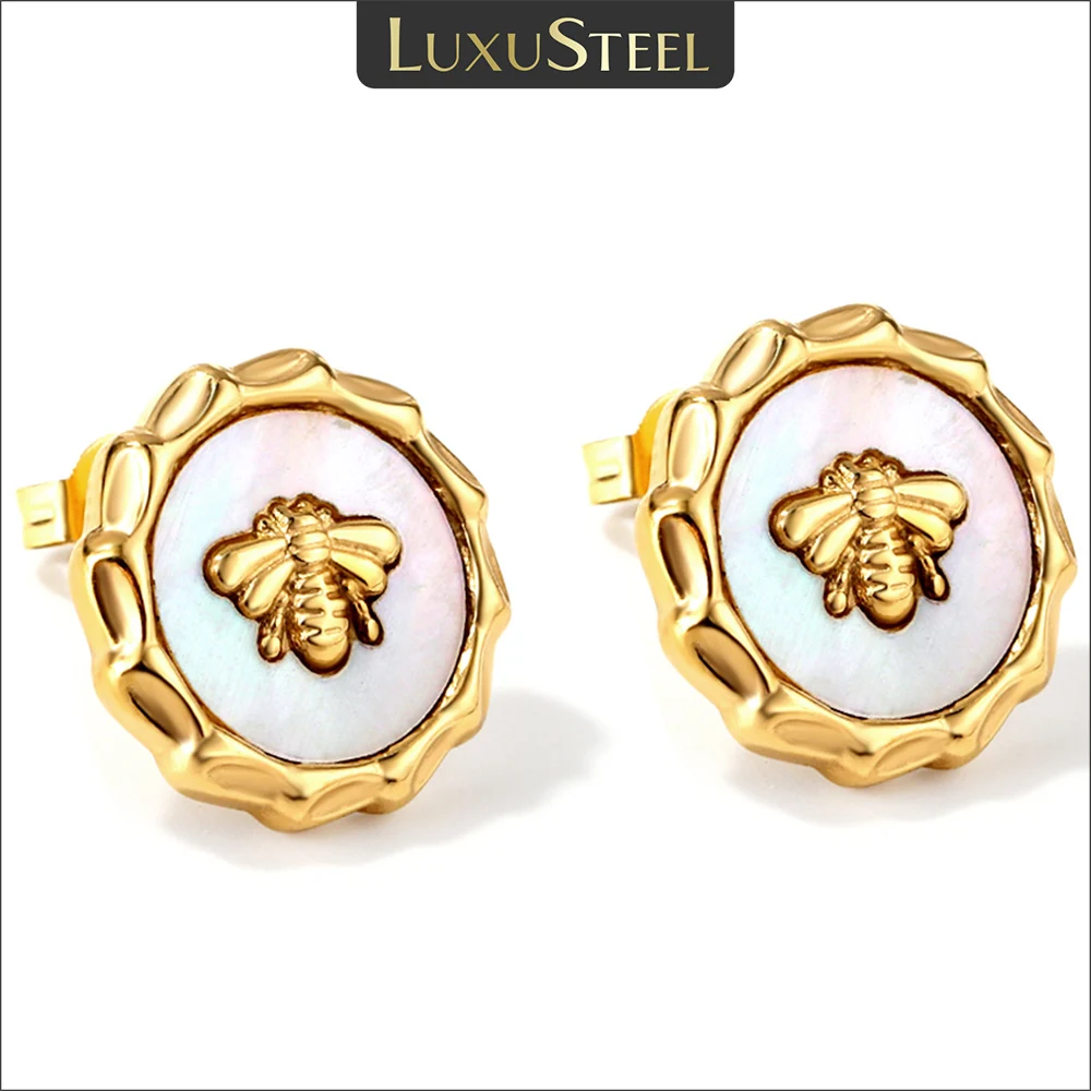 

LUXUSTEEL Temperament Bee White Shells Stud Earrings For Women Girls Gold Color Stainless Steel Insect Animal Luxury Ear Jewelry