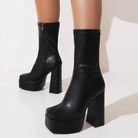 solid black white pu upper ankle boots autumn winter high heel shoes booty thick platform square toe women big size 43