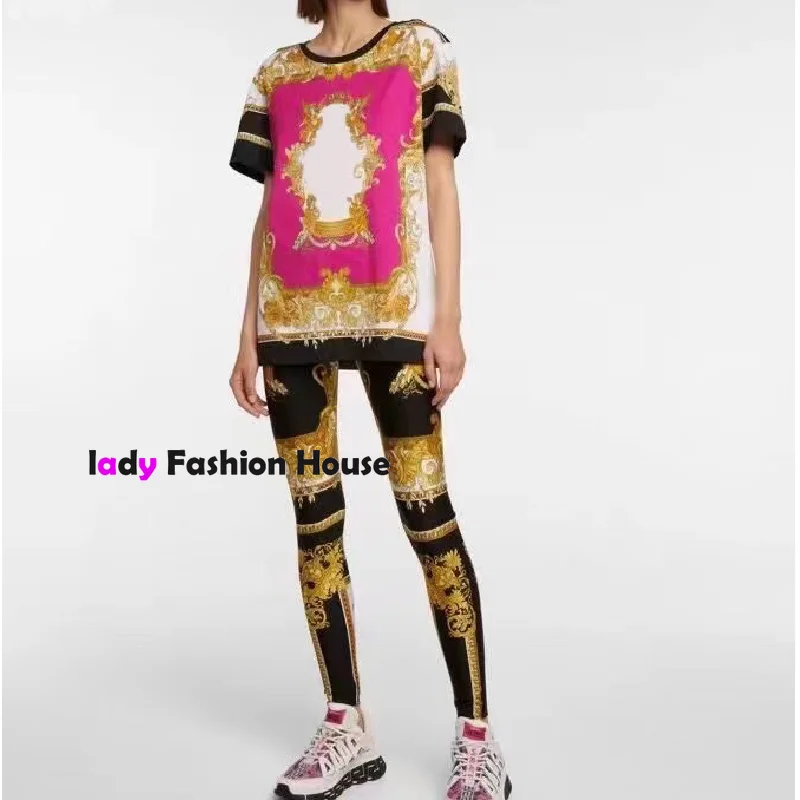 

2022 deluxe design Medusa European and American retro printed short sleeved T-shirt + slim fit Leggings fashion women's suit