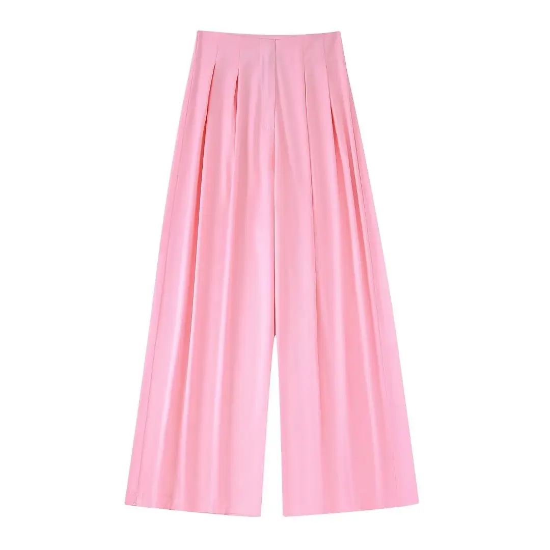 

2022 Women Fashion Front Pleated Side Pockets Satin Pants Vintage High Waist Zipper Fly Female Trousers Mujer