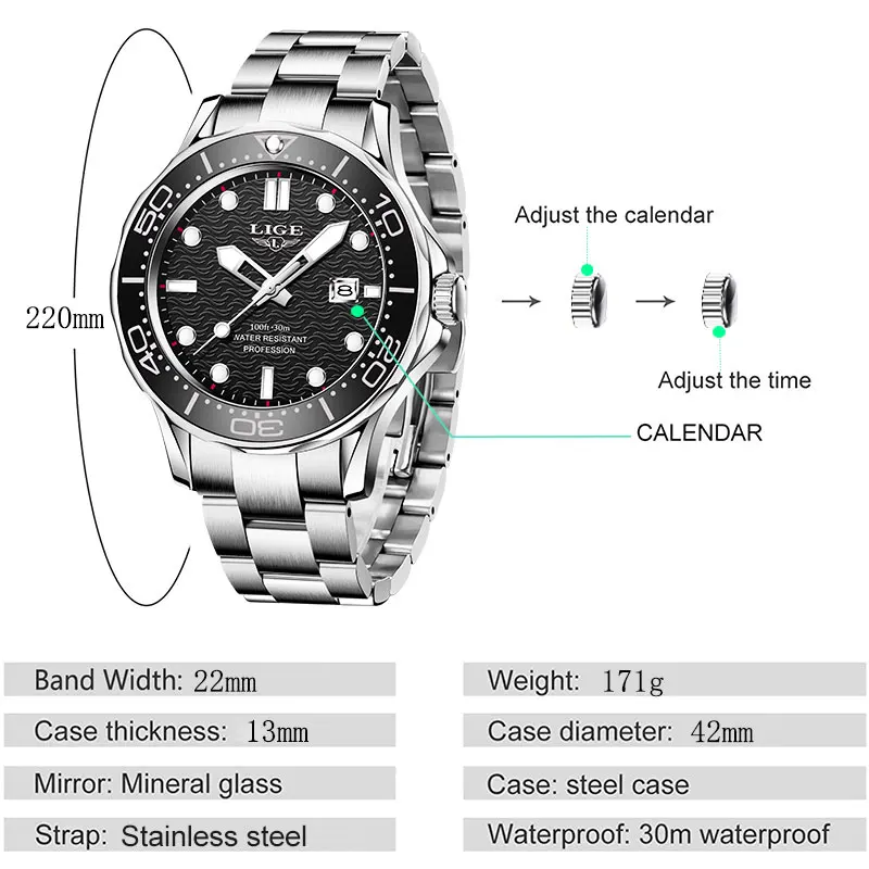 Часы наручные LIGE Мужские кварцевые брендовые Роскошные модные