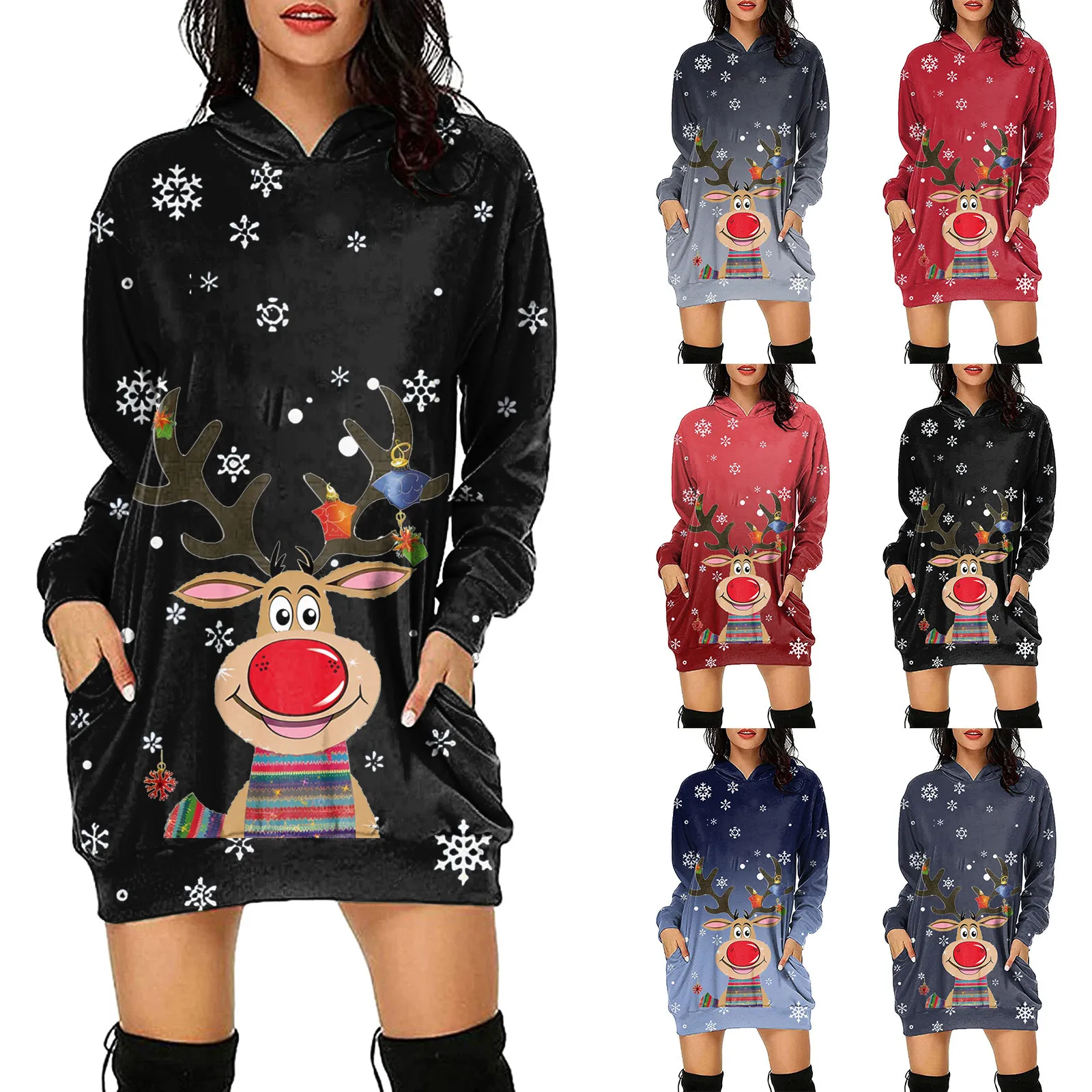

Женский Длинный Повседневный пуловер с длинным рукавом, свитшот с рождественским принтом, платье с капюшоном и карманами, спортивный костюм, верхняя одежда в фольклорном стиле, джемпер