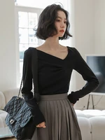 2022 black skew collar t shirt womens tops cotton spring summer long sleeve tees shirts femme slim solid casual top
