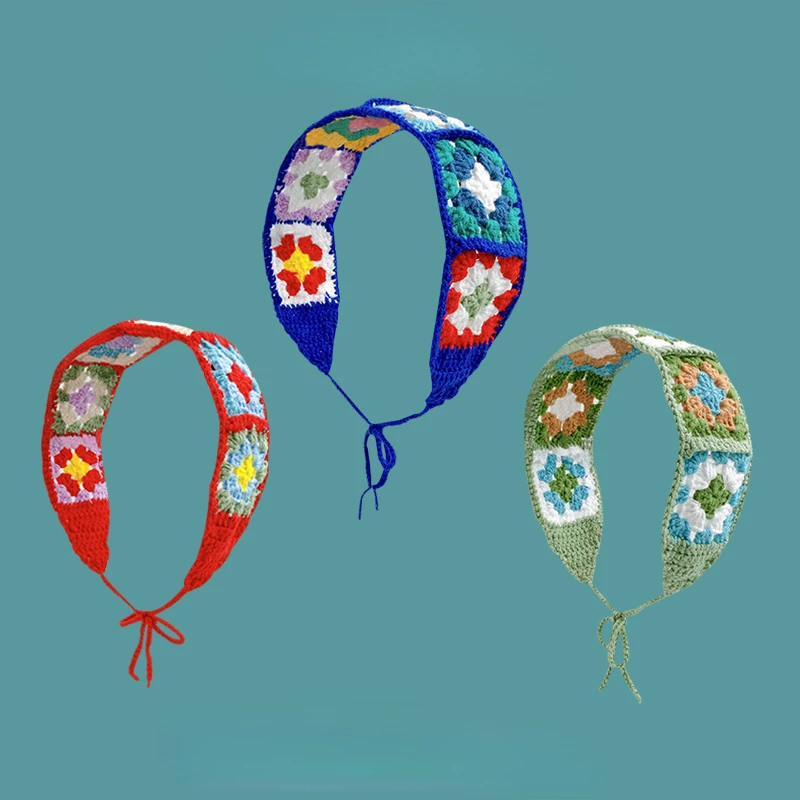 

Ins Grandmother Checkered Hand Crochet Headband Women Grils Knitted Lace-up Bandanas Turban Headscarf Cap Bundle Headband