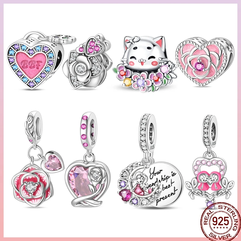 Новинка 2025 стерлингового серебра 925 пробы розовая любовь роза кошка