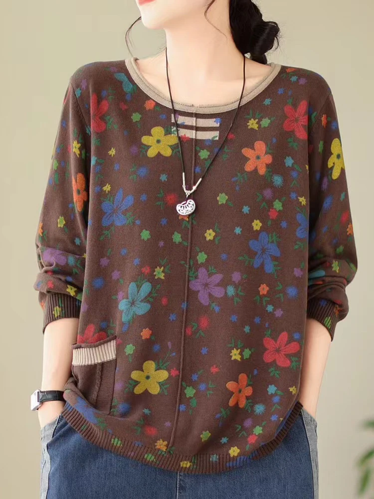 Женский хлопковый свитер с круглым вырезом цветочным принтом