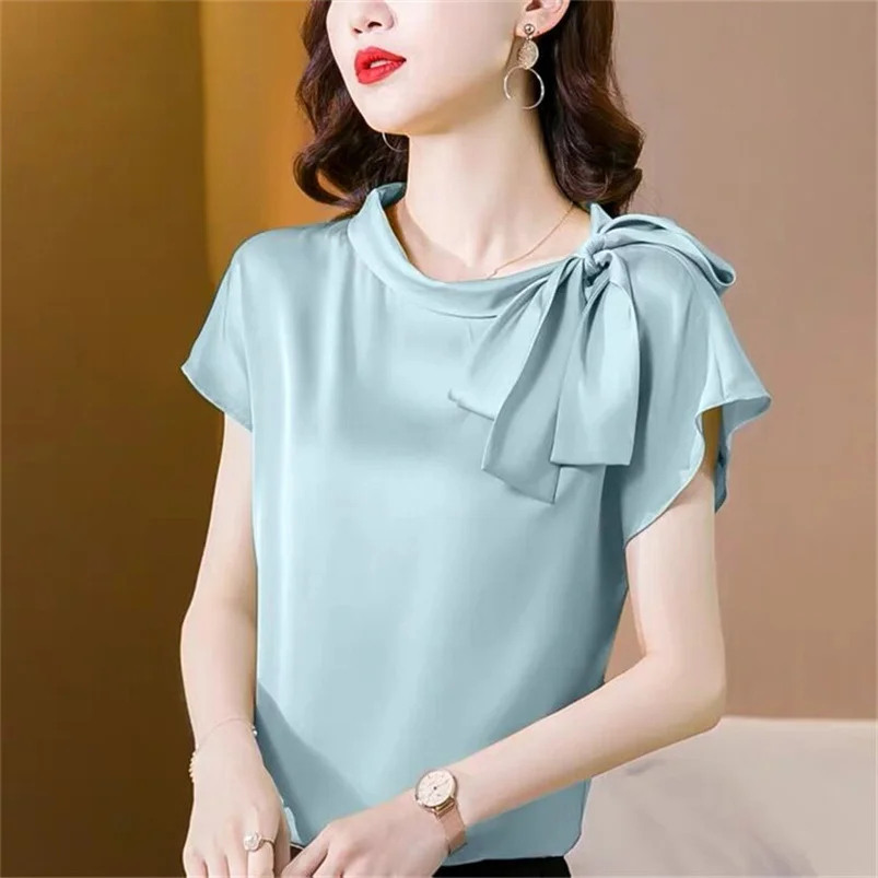 

Women Fashion Design Bow Collar Short Sleeve Tops Korean Shirt Sweet Solid Satin Casual Blouse 2022 Summer Ladies clothes