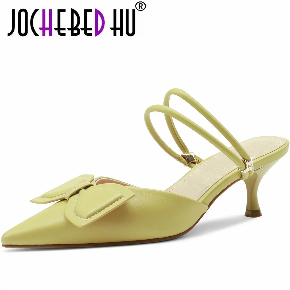

Сандалии jochebed hu】модные женские из натуральной кожи, туфли-лодочки на тонком низком каблуке, элегантные женские мюли с бантом, заостренный н...