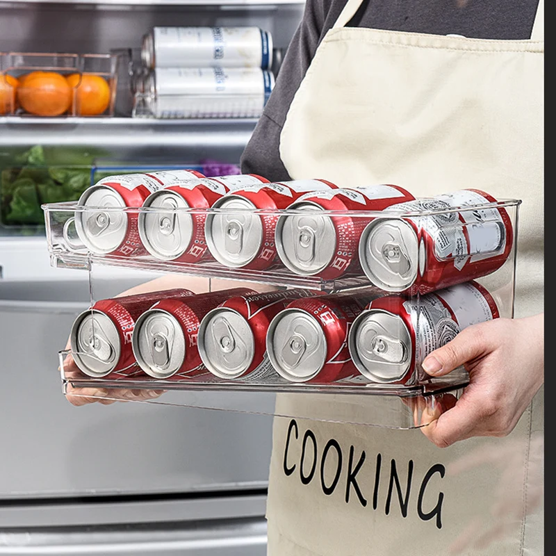 

2 Tier Rolling Refrigerator Organizer Bins Soda Can Beverage Bottle Holder For Fridge Kitchen Plastic Storage Rack Container