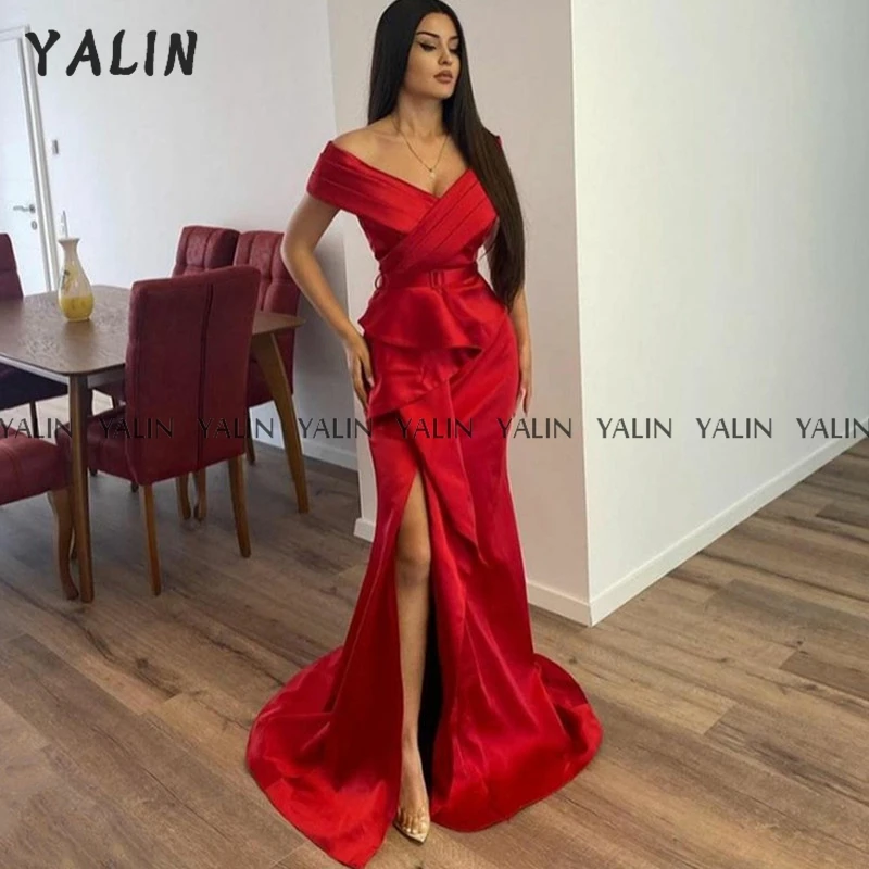 

YALIN Red Evening Dress Off the Shoulder Mermaid Sexy Prom Grown Sweep Train Ruffle Slit Backless V-Neck abends kleider 2022