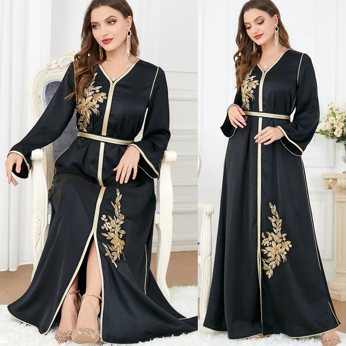 Elegant Commuter Style 2023 New Gold Appliqué Embroidery Abaya Women's Clothing Split V-neck Long Sleeve Dress