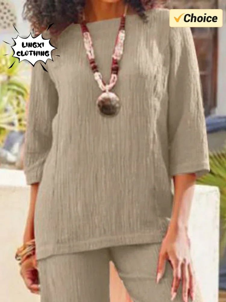 Женский элегантный комплект свободных брюк из смеси хлопка и льна в офисном