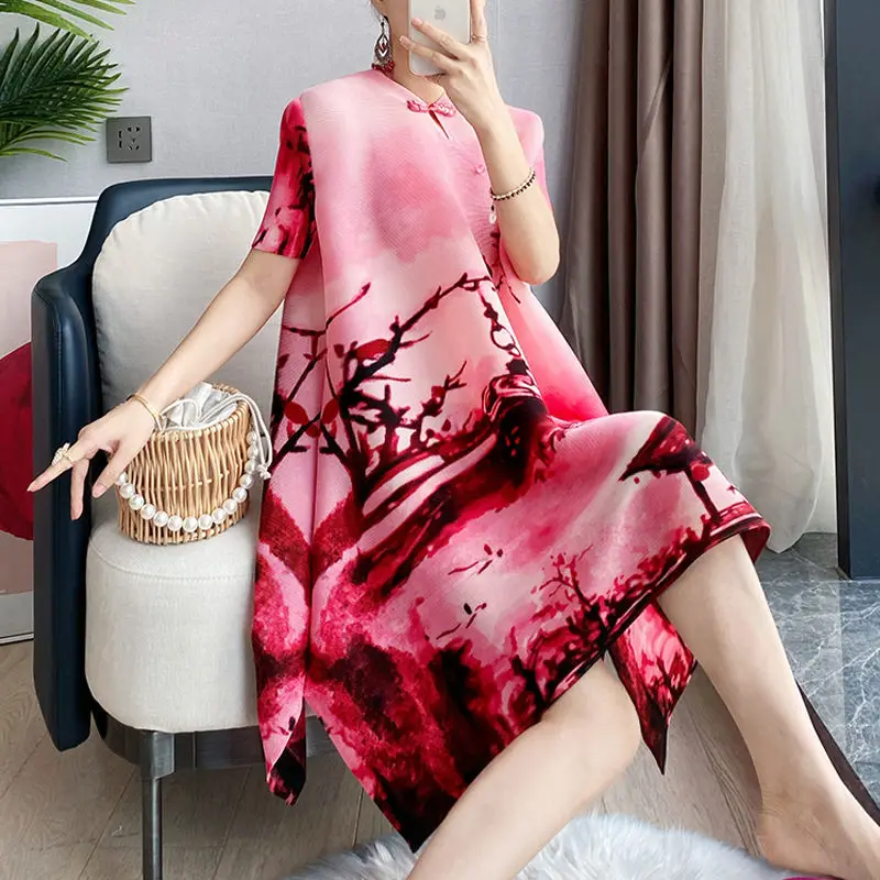 

Loose big chiral mm long paragraph A word skirt fold fashion printing flag dress female summer 2022 new casual v neck dress