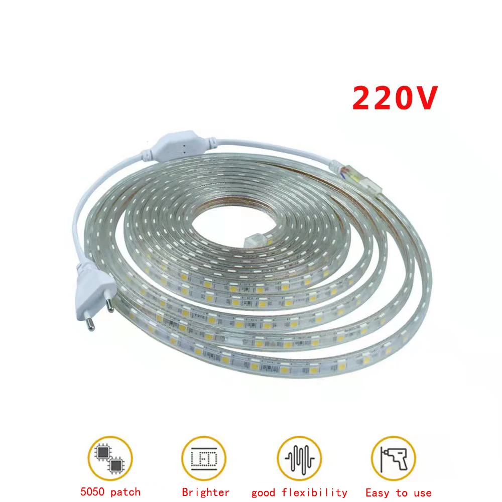 Светодиодная лента 220 В гибкая SMD 5050 1 м 5 10 15 20 диммер водонепроницаемая