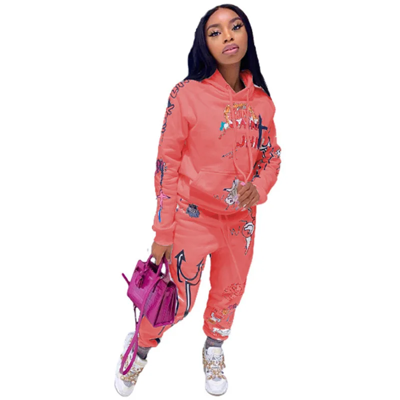 

2 Piece Sets Womens Outfits Fall Winter Floral Print Sportswear Hoodies+Jogger Pants Plus Size Female Tracksuits