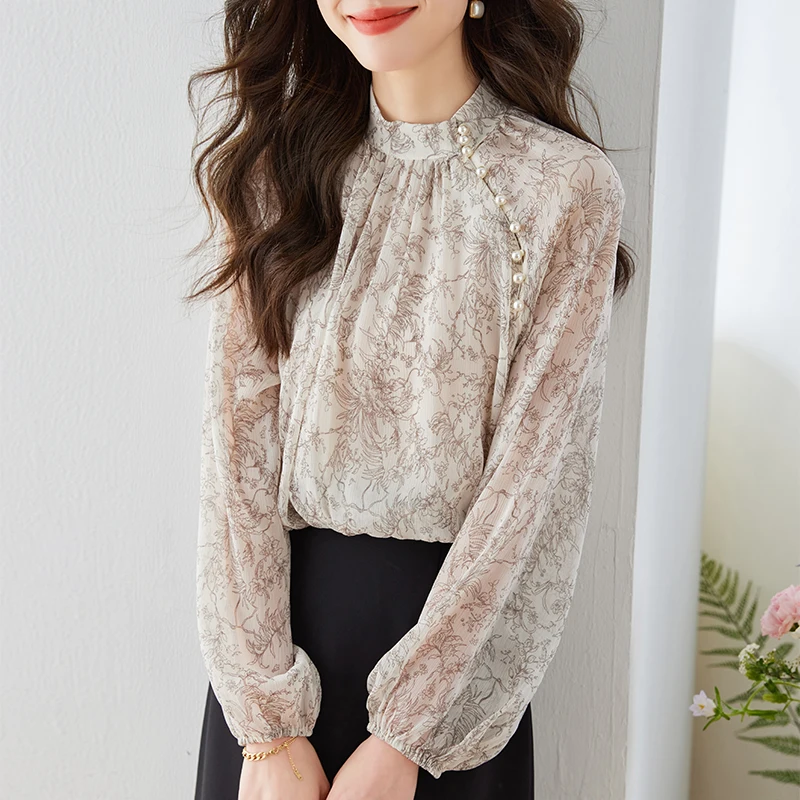 

Chiffon Women's Shirt Summer 2023 New Prints Blouses Loose Long Sleeves Beaded Top Vintage Ladies O-neck Clothing YCMYUNYAN