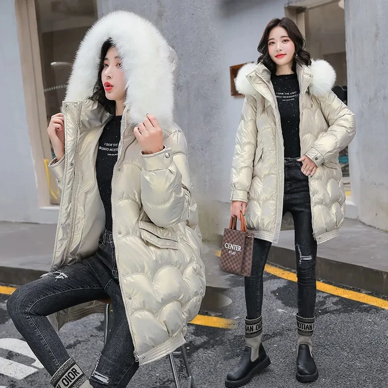 Winter Jackets 2023 Shiny Women's Parkas High Quality Fur Collar Mid-Lenth Parka Hooded Padded Cotton Jacket Casual Coats Female