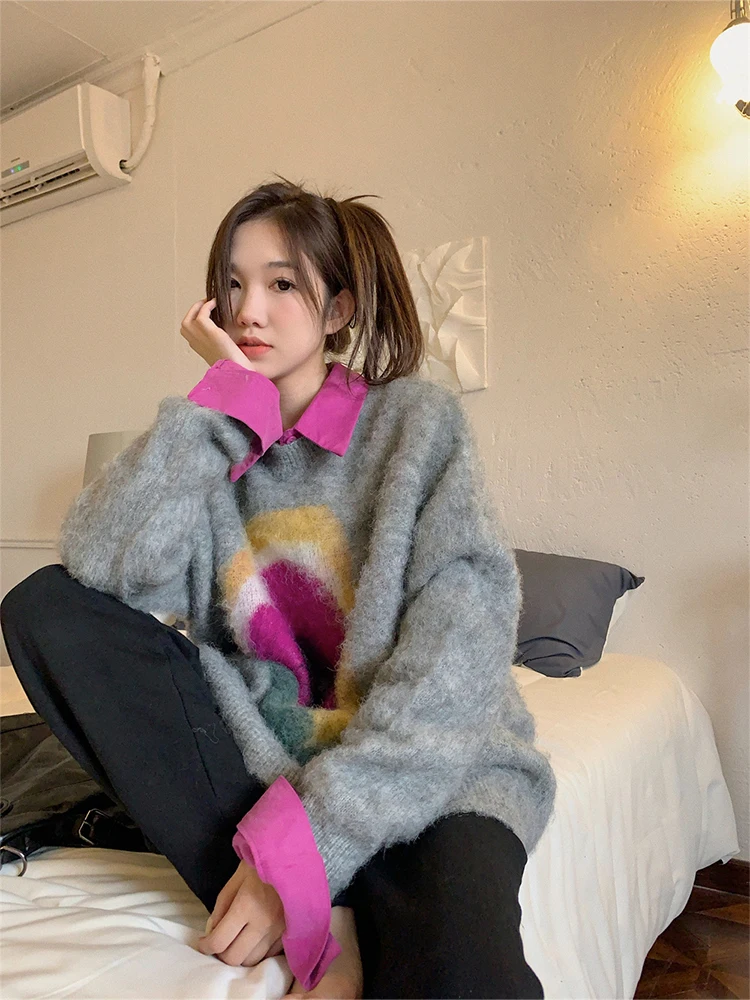 

Vintage Floral Print Plush Women Winter Knitwear O-neck Baggy Long Sleeve Knit Pullover 2022 Oversize Sweater BF Style Harajuku