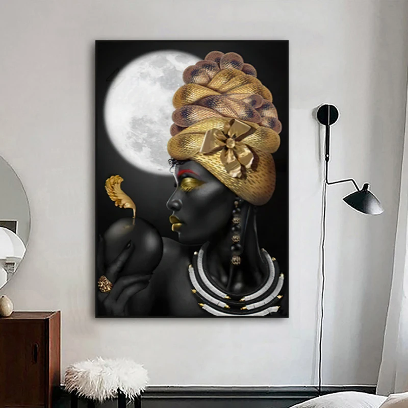 

African Woman Canvas Painting Golden and Black Women Posters And Prints Scandinavian Wall Decor Art Pictures For Home Design