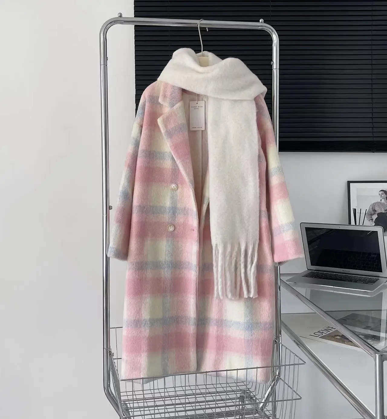 

2023 Winter Wool Jacket Womens Clothing Medium Length Woolen Coats Slim Elegant Female Korean Plaid Pink Outerwear