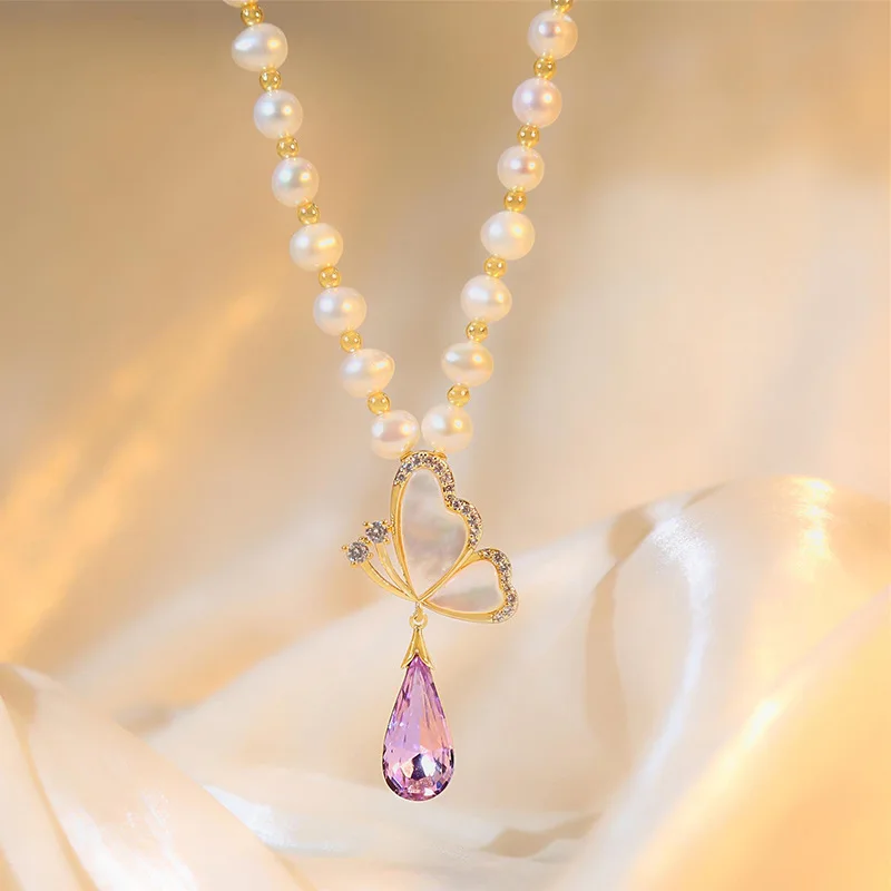 

Vintage Elegant Natural Freshwater Pearl Necklace Fashion Beaded Butterfly Pendant Choker Necklace Women Girls Party Jewelry